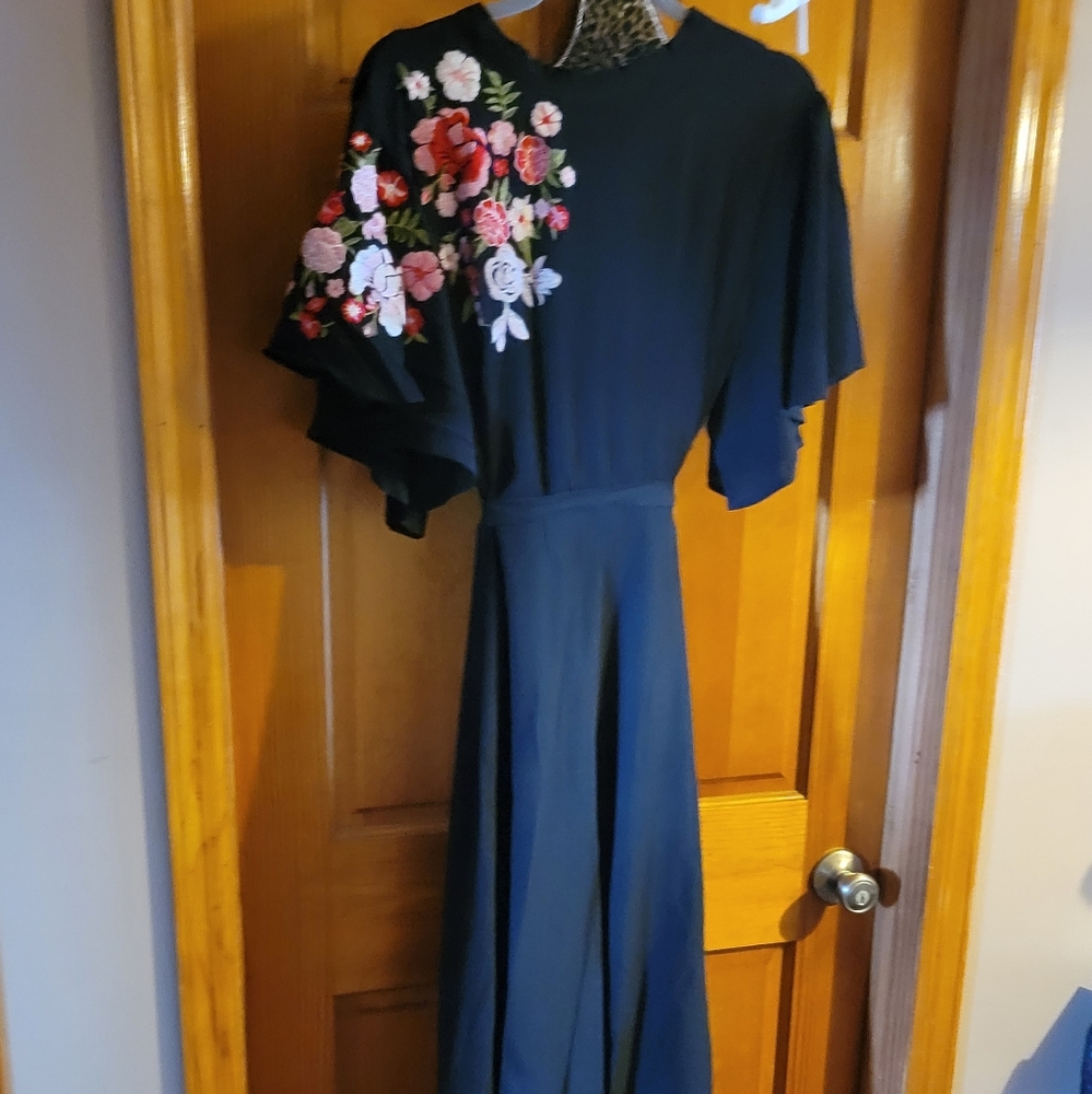 Black Shein Dress ankle length short sleeve mock neck drop back floral accent